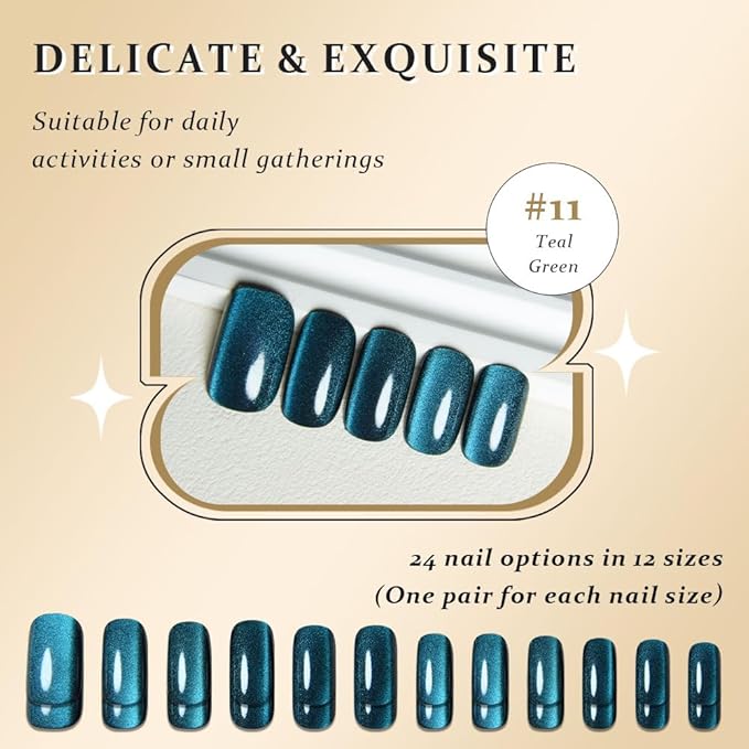 Cat Eye Teal Green Press On Nails Medium Long Length Square, Designer Reusable Acrylic Fake Nail with 24 ps, Glossy Gel Nails Wedding Party, Stick On Glue On Nail, Nails Press Ons for Women