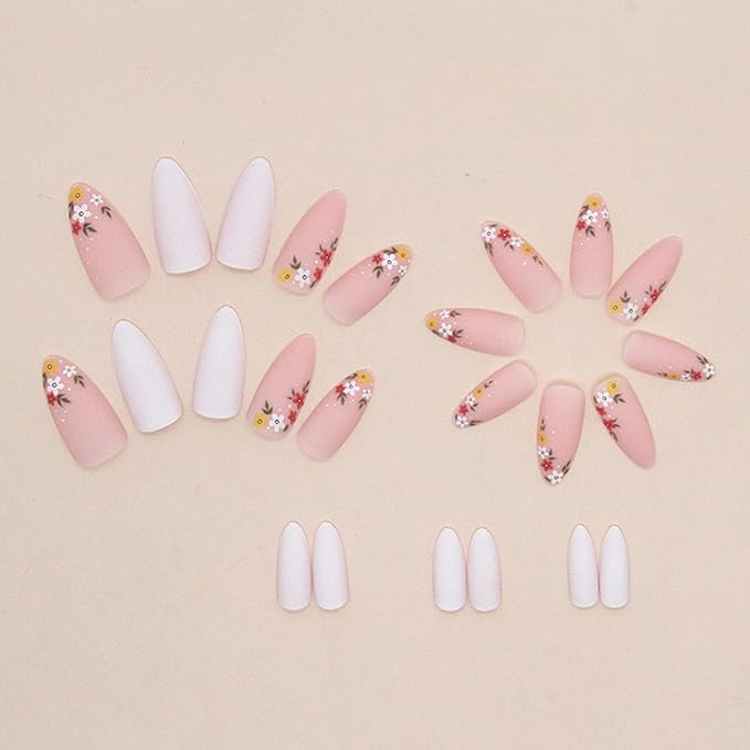 Almond Press on Nails - Pink Nude False Nails with French Flower Designs, Glossy Full Cover Stick on Nails for Women & Girls - 24pcs