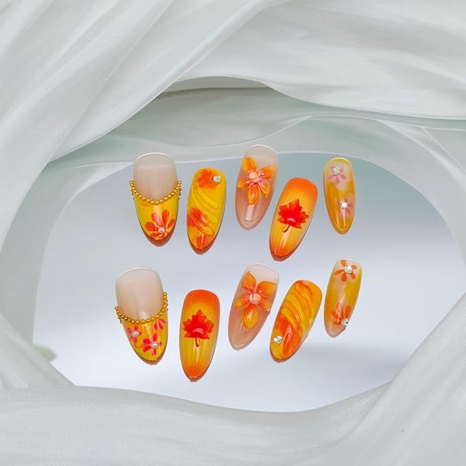 30Pcs Autumn Press on Nails Medium Almond French Tip Fake Nails with 3D Gold Rhinestones Design Fall Flower Acrylic Nails Full Cover Artificial Glue on Nails for Women Thanksgiving Stick on Nail DIY