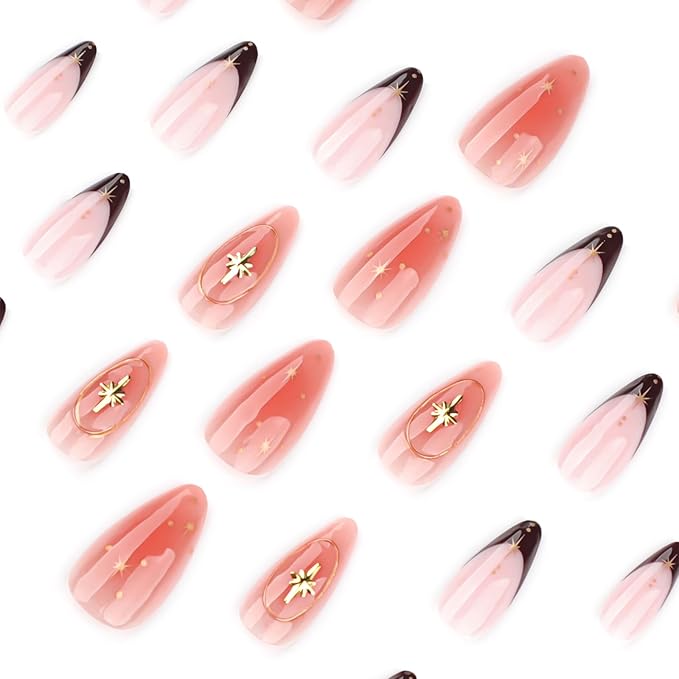 Medium Press On Nails Almond– 3D Gold Star Accent Brown French Tips, 24Pcs Reusable Acrylic Fake Nails, Glossy Stick On Nails with Designer Details, DIY Manicure Kit with Glue & Tools for Women