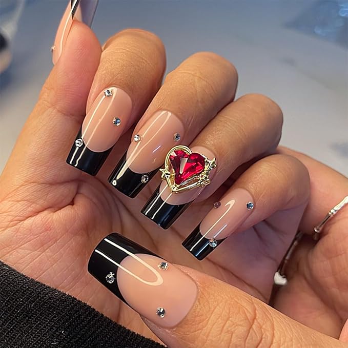 Yivaiks French Tip Nails - Black Press On Coffin Nails, Acrylic, 24pcs