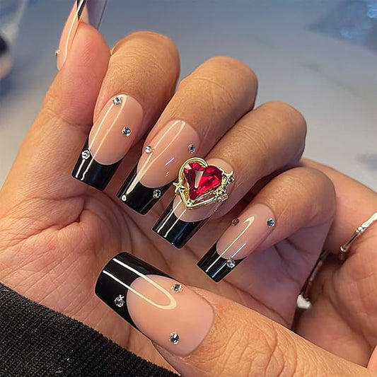 Yivaiks French Tip Nails - Black Press On Coffin Nails, Acrylic, 24pcs