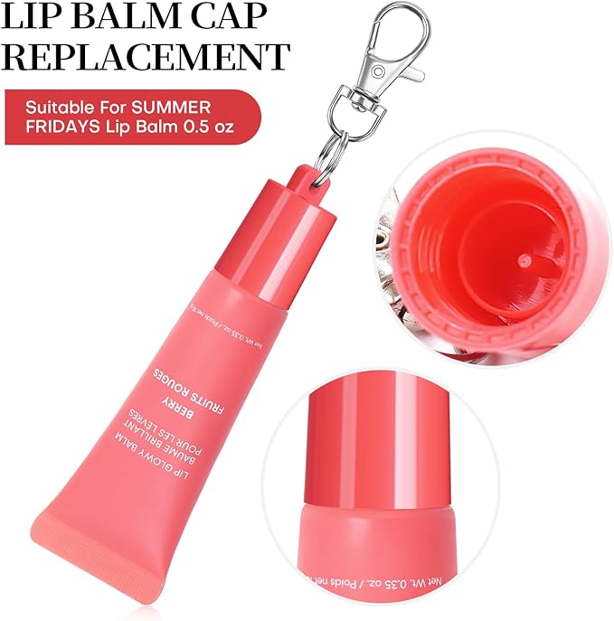 Keychain Holder for LANEIGE 0.35 oz Lip Balm (2 Pack) - Portable Lip Gloss keychain caps with Detachable Hooks, Secure Snap Lock (White & Pink)