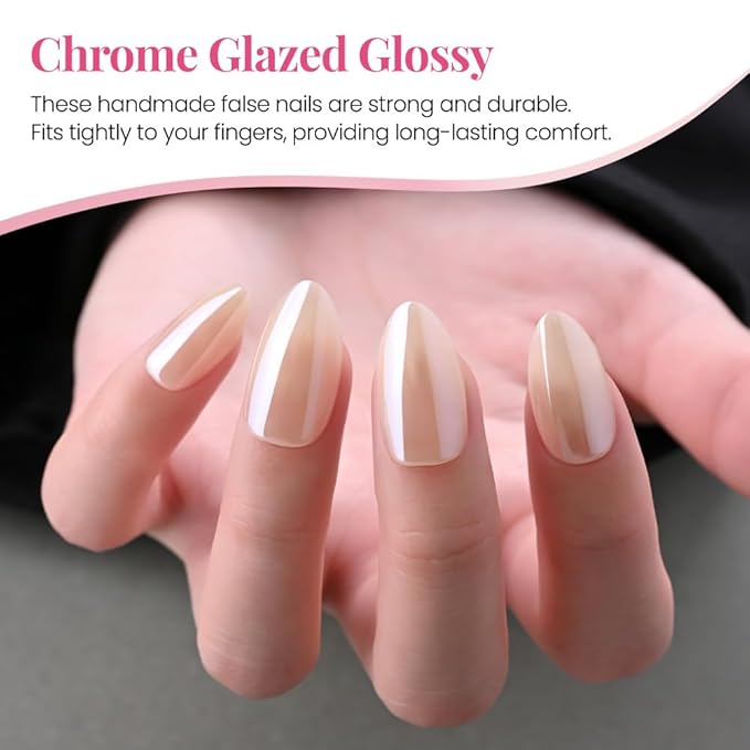 Press on Nails Short Almond - Nude Chrome Glazed Glossy Press on Nail Tips Glue On Nails with Nail Glue for Gift, Reusable Stick On Nails in 15 Sizes - 30 Full Cover Acrylic Soft Gel Fake Nails Kit
