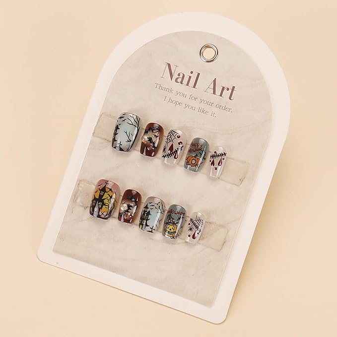 30 Pcs Short Oval Press on Nails Glitter Fake Nails Cartoon Bat Spider Web Pumpkin Blood Drop Graffiti Designs Full Cover Cute Stick on Nails Halloween False Nails for Women Acrylic Nail Salon DIY