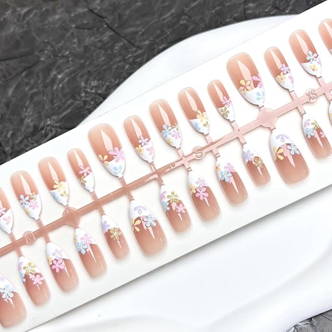 30Pcs White French Tip Press on Nails Medium Almond Fake Nails Nude Pink False Nails with Colorful Flower Designs Glossy Cute Acrylic Nails Full Cover Artificial Nails Summer Stick on Nails for Women