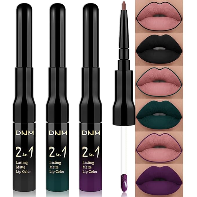evpct 3Pcs Dark Black Green Purple Matte Lip Liner and Liquid Lipstick Lip Stain Sets for Women Long Lasting Waterproof, 24 Hours Goth Lipstick labiales matte mate larga duracion listip 24 hours, 19#