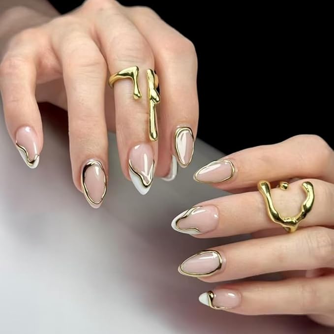 3D Gold Press on Nails Short Almond Fake Nails White French Tip Design Stick on Nails Nude False Nails Glossy Handmade Acrylic Glue On Nail for Women Nail Art Decoration 24Pcs