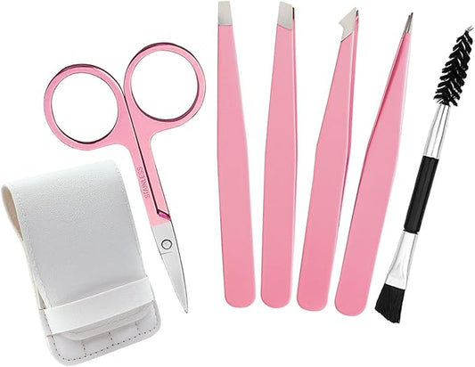 Tweezers for Women, 6 piece Pink Tweezers for Women Facial Hair, Precision Tweezers for Eyebrows, Hair Removal, Facial Hair, Ingrown Hair for Men