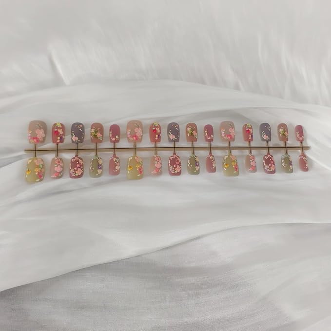Fall Flower Press on Nails Short Fake Nails with 3D Floral Designs Matte Embossed Flowers False Nails Artificial Acrylic Nail Press ons Reusable Summer Stick on Nails for Women DIY Manicure,30pcs