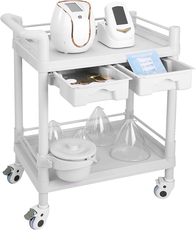 2 Tier Esthetician Cart, Rolling Utility Cart with Bucket & 2 Big Drawers, Heavy Duty Salon Trolley with 360 Rotate Silent Wheels, Load 330lbs Mobile Medical for Salon Hospital Office Lab