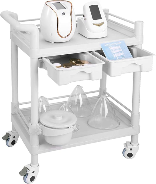 2 Tier Esthetician Cart, Rolling Utility Cart with Bucket & 2 Big Drawers, Heavy Duty Salon Trolley with 360 Rotate Silent Wheels, Load 330lbs Mobile Medical for Salon Hospital Office Lab