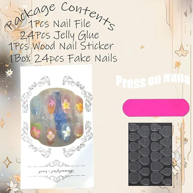30pcs Cute Flower Press on Nails Short Almond Fake Nails With 3d Colorful Floral Gold Beads Designs Summer Autumn Flowers False Nails Star Artificial Nail Tips Glossy Glue on Nails For Women Manicure