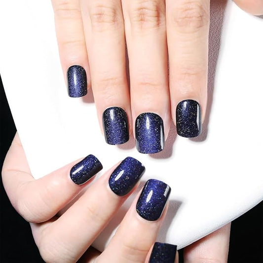 evpct Royal Blue Cat Eye Extra Short Press on Nails Square, Petite Short Square Glue on Nails for Women Gift, Blue Metallic Glitter Glossy Reusable Stick Gel Press on Acrylic Fake Nail with Designs