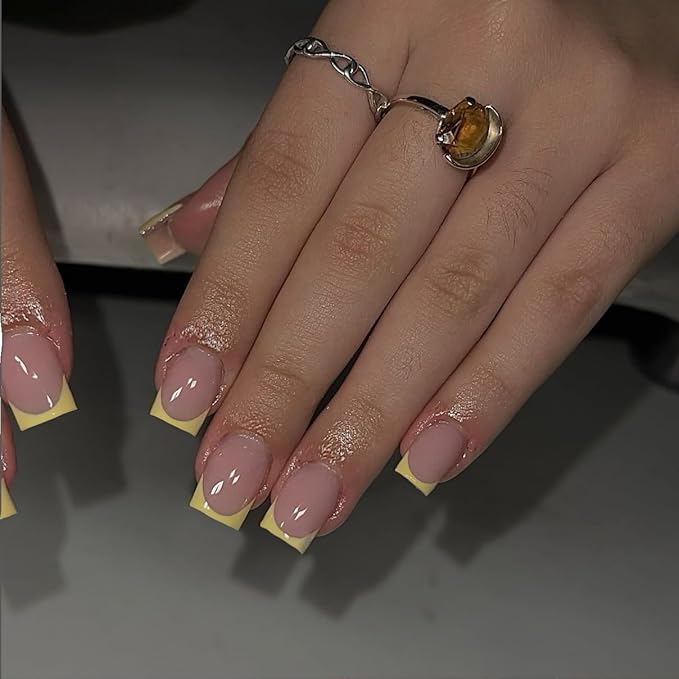30 Pcs Light Yellow French Tip Press on Nails Short Square, Acrylic Fake Nails Press ons with Glue, Small Coffin Acrylic Natural Nude Glue on Nails for Women, 15 Sizes