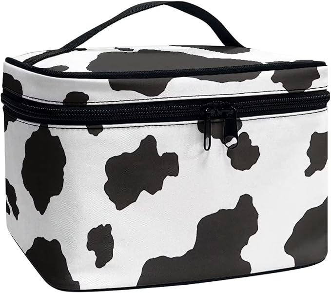 White Black Cow Cowhide Cute Print Portable Makeup Bags for Women Large Capacity Cosmetic Organizer and Storage Pouch with Zipper and Handle Travel Toiletry Accessories