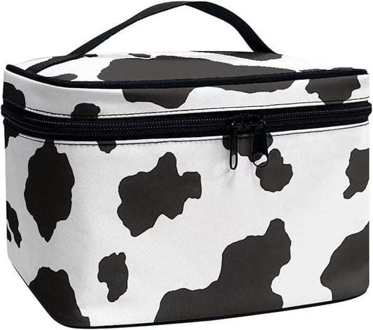 White Black Cow Cowhide Cute Print Portable Makeup Bags for Women Large Capacity Cosmetic Organizer and Storage Pouch with Zipper and Handle Travel Toiletry Accessories