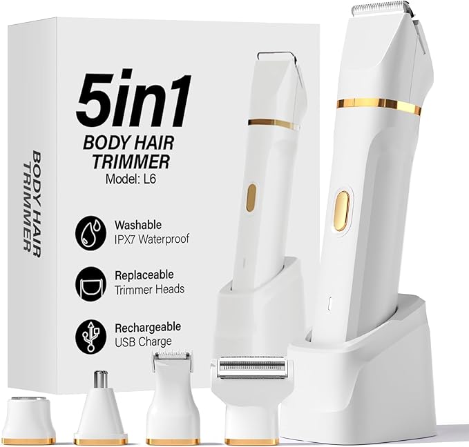 Bikini Trimmer for Women - 5 in 1 Electric Razors for Ladys Pubic Facial Nose Body Leg Hair Removal, Waterproof Electric Shaver for Women Private Area Sensitive Skin, Personal Hair Trimmer