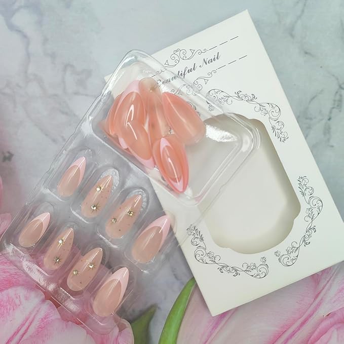 24Pcs Pink French Tip Press on Nails Almond Medium Fake Nails Nude Pink Acrylic Nails Gold Star Rhinestones Artificial Stick on Nails Full Cover Glossy Glue on Nails for Women Girls Daily Wear