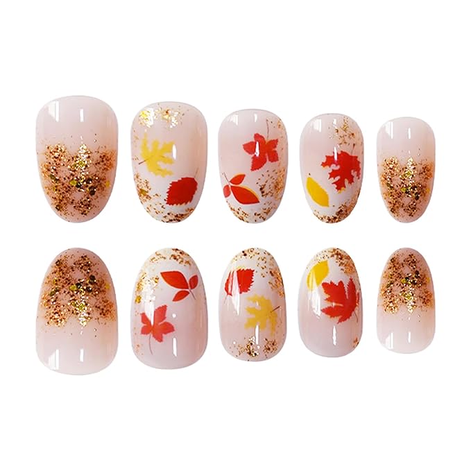 24Pcs Fall Press on Nails Short Oval Fake Nails with Gold Glitter Yellow Red Maple Leaf False Nail Reusable Thanksgiving Acrylic Nails Full Cover Autumn Maple Leaves Stick on Nail for Women Nail Art