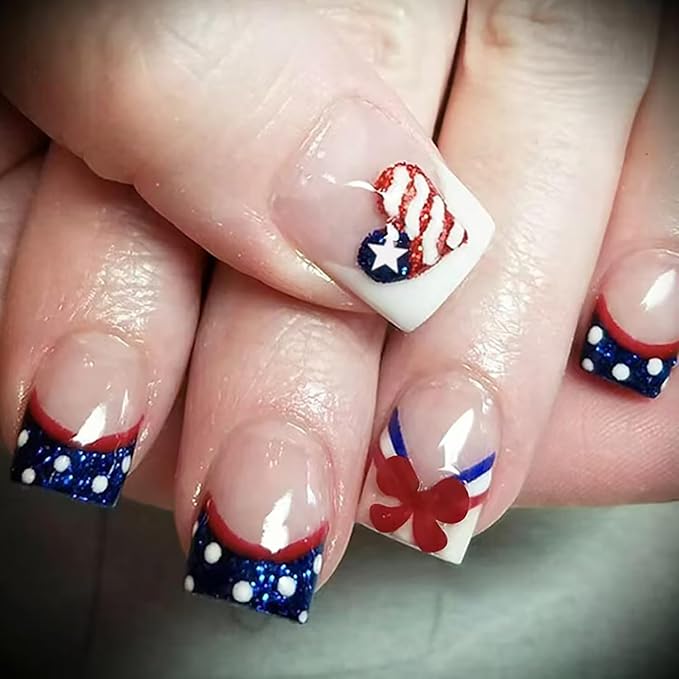 24Pcs Independence Day Press on Nails Short French Tip Fake Nails 4th of July Glue on Nails Glitter Heart American Flag Acrylic Nails Bow Nails Tip Cute False Nails Patriotic Stick on Artificial Nails
