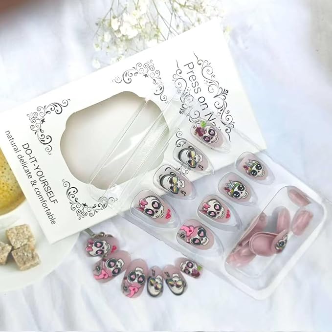 Pink Halloween Press on Nails Medium Almond Fake Nails Gothic Halloween False Nails with Rose Bow Design Cute Skeleton Stick on Nail Goth Acrylic Nail for Women DIY Manicure Decorations 24Pcs