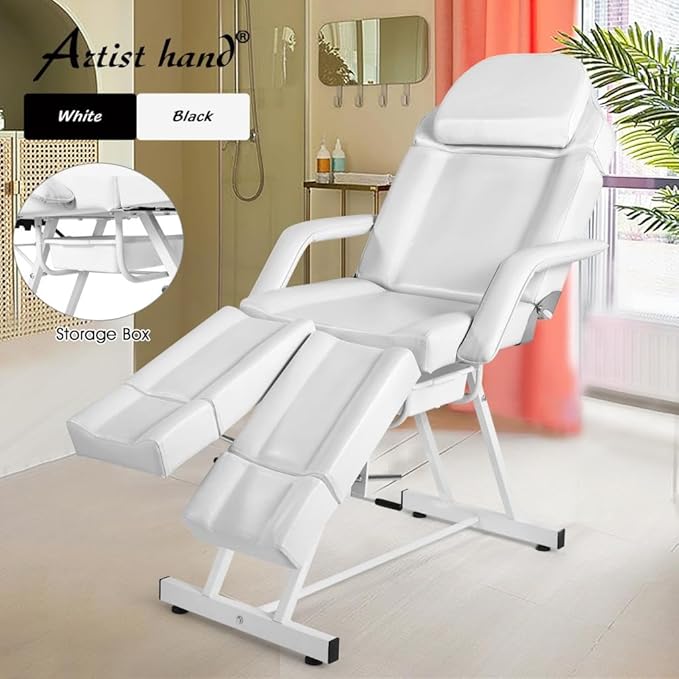 Artist hand Tattoo Table Split Footrests Beauty Bed with Tray Tattoo Chair for Client Facial Extendable Headrest, Footpad Massage Bed for Eyelash Extensions Tattoo Chair (White)