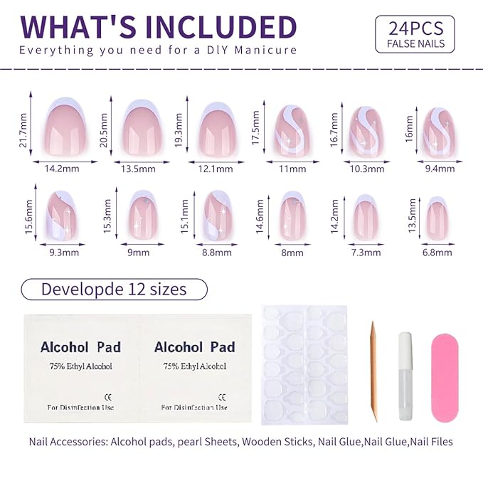 Short Press on Nails Almond French Purple Blue False Nails ilver Star Pattern Full Cover Artificial Stick on Nail Reusable Acrylic Nails Glue on Nails for Women Manicure Kit 24Pcs