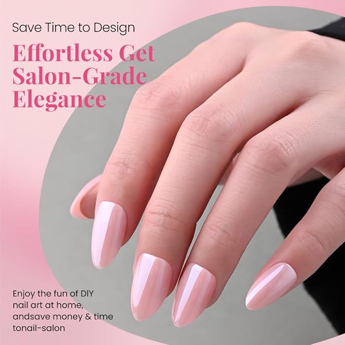 Press on Nails Short Almond - Nude Pink Chrome Glazed Glossy Press on Nail Tips Glue On Nails with Nail Glue for Gift, Reusable Stick On Nails in 15 Sizes 30 Full Cover Acrylic Soft Gel Fake Nails Kit