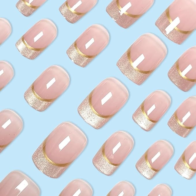 Gold French Tip Press on Nails Medium Fake Nails Bling Acrylic Glue on Nails Gradient Pink False Nail Tips Exquisite Design Stick on Nails Medium Square Artificial Nails for Women Finger Manicure
