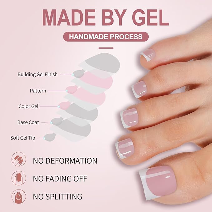 Misssix French Tip Press on Toe Nails, French Square Toe Nail Tips Pink White, Soft Gel False Toenail, Acrylic Soak off Fake Toe Nails for Women Nail Art DIY 15 Sizes