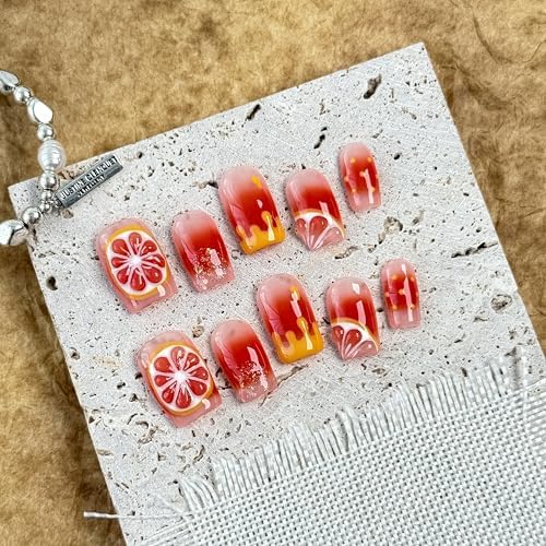 Large-Citrus Splash Fake Nails Press-On Manicure Kit for Women | French Tip 10 Nails | Nail Glue, Dual Nail File, Cuticle Stick, Buffer Block | Measure Before Ordering