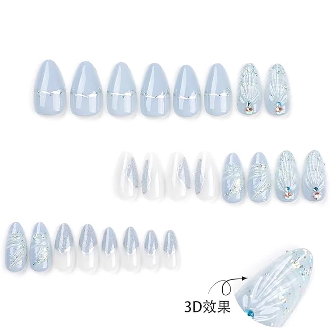 Ocean Shell Press on Nails Light Blue Fake Nails Medium Almond False Nails with Rhinestone Design Glossy Glue on Nails Artificial Acrylic Nail Glitter Stick on Nails for Women Summer Manicure 24Pcs