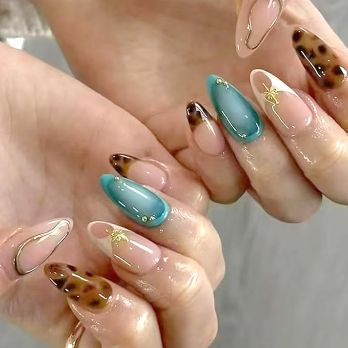Gold Line Star Pearl Press On Nails Almond Medium, Leopard Print Designer Reusable Acrylic Nails Press Ons, Fake Nails With Glue On, Daily Wear Floral False Nails For Women