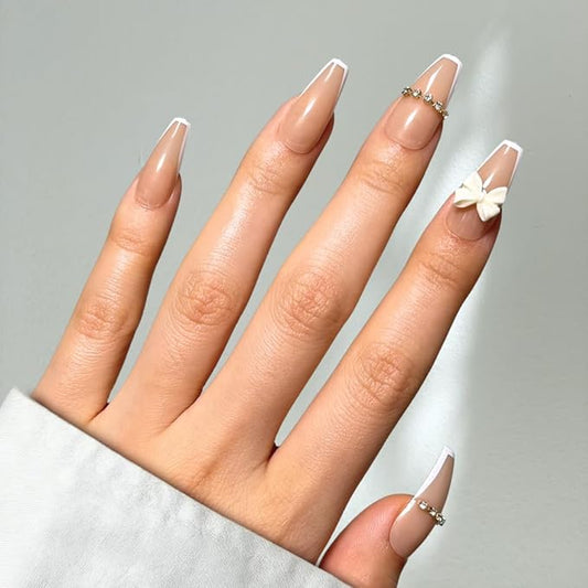 Perfect Look Press On Nails - Bridal Bliss | No Glue One-Day Long Coffin Nails, Nude Beige Nails with Crystal French Trim - 24 Pcs Nail Kit with Adhesive Tabs