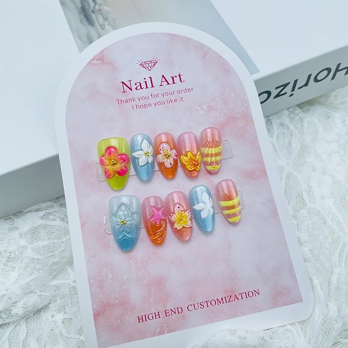 30 Pcs Handmade Press on Nails Short Almond French Tip Fake Nails with Pearl Design 3D Flower Stick on Nails Yellow Blue Glossy Oval Acrylic False Nails Full Cover Summer Glue on Nails for Women Girls