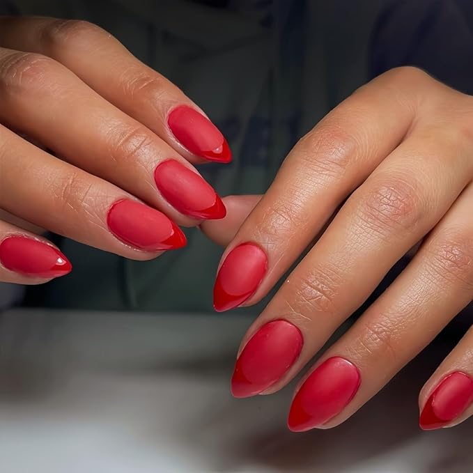 Light Red French Tip Press on Nails Short Almond Nails Press ons, Short Fake Nails with Matte Finish, Brighter French Glue on Nail False Nail for Women Fall Winter, in 32 Pcs 16 Sizes