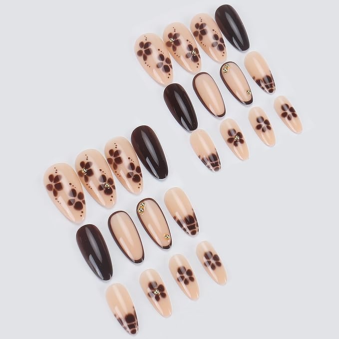 IMRAIN Medium Press on Nails Almond Fake Nails Brown French Tip False Nails with Flower Design Glue on Nails Full Cover Stick on Nails Artificial Acrylic Nails for Women Manicure 24Pcs