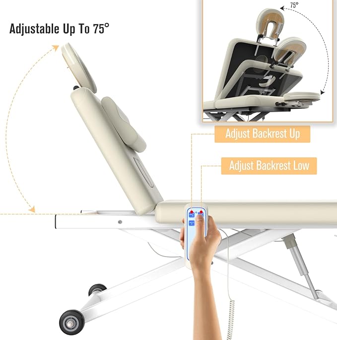 Heavy-Duty Electric Lift Massage Table with Electric Adjustable Backrest and Legs, Wide Physical Therapy Massage Bed with Wheels, Professional Spa Facial Bed, PU Leather, 32'' W × 75'' L