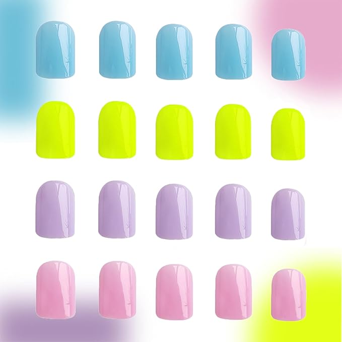 4 Packs (96 Pcs) Square Press on Nails Short Fake Nails Solid Color Press on Nails Pink Green Blue Purple False Nails Pure Color Glue on Nails Gel Fake Nails for Women Kid Stick on Nails 12 Sizes