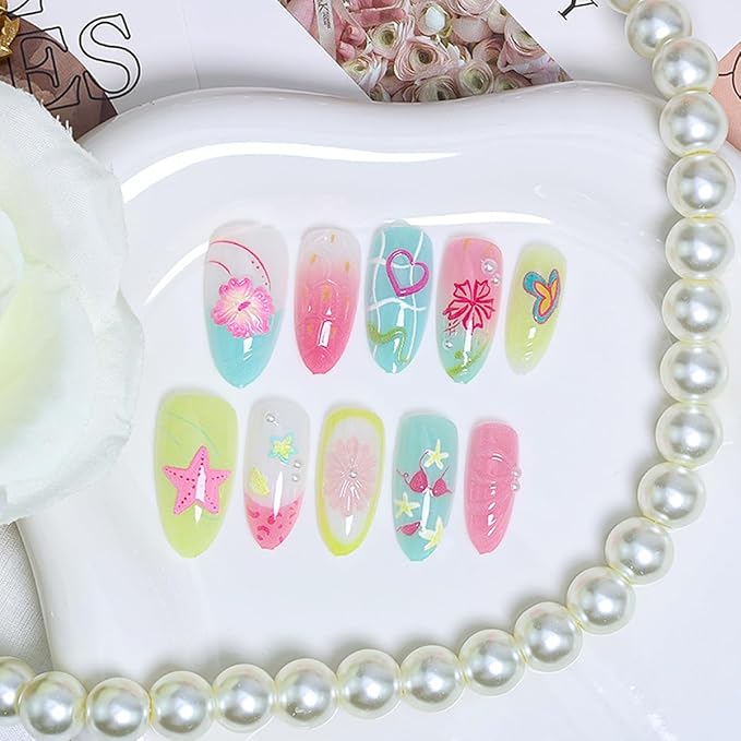 30Pcs Cute Press on Nails Medium Almond Fake Nails Summer Press ons 3D Pearl Flower Glue on Nails Beach Starfish False Nails Lemon Butterfly Heart French Tip Nails Handmade Acrylic Nails Set for Women