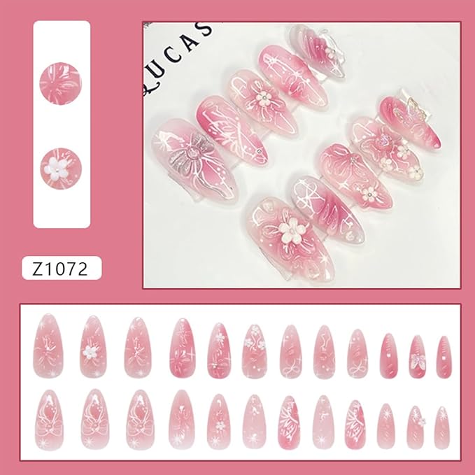 24Pcs Pink Press on Nails Medium Almond Fake Nails 3D Flower False Nails Cute Glossy Glue on Nails with Bow Designs Pink Almond Shaped Artificial Nails Full Cover Stick on Nails for Women Manicure