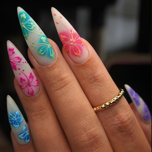 Long Almond Press on Nails Fake Nails Gradient Flower 3D Stick on Nail for Women 24pcs