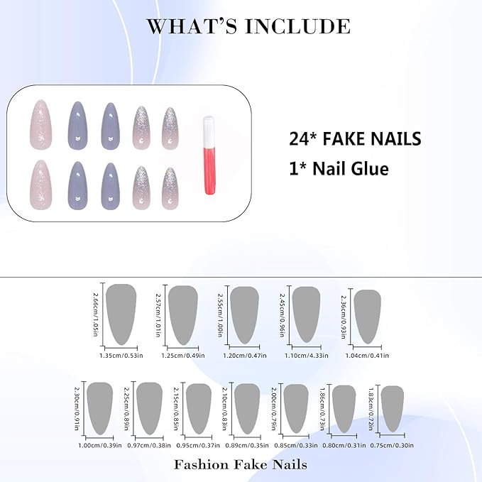 IMRAIN Press on Nails Medium Almond Fake Nails Blue Glitter Glossy Glue on Nails Full Cover White Acrylic Stiletto False Nails with Bling