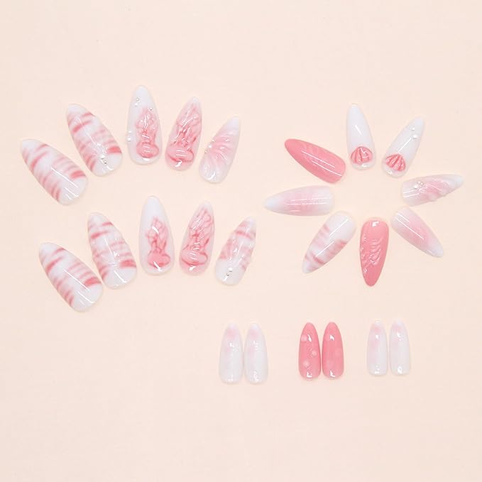 24PCS Summer Press on Nails Almond Fake Nails with 3D Shell Pattern Jellyfish Pearl Press on Fake Nail Full Cover Stick on Nails Handmade Press on Nails Art Decoration for Women