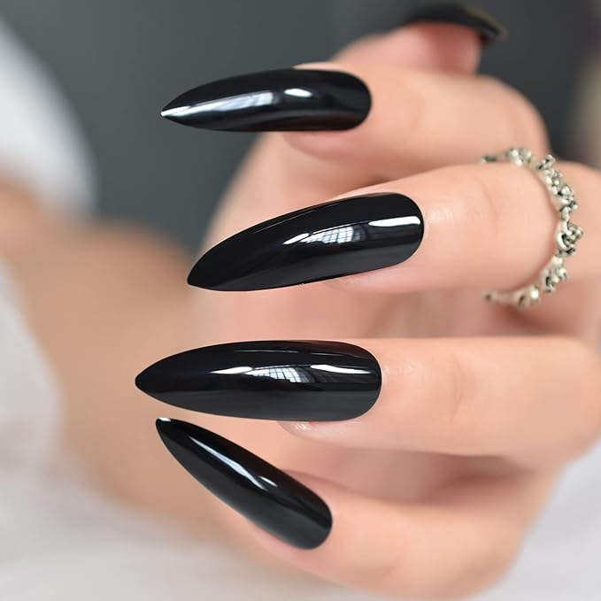 False Nails Glossy Solid Black Super Long Stiletto Press on Nails Reusable Wearable Fake Acrylic Nail Art Tips Salon DIY Manicure Gifts for Party with Adhesive Tabs Nail File