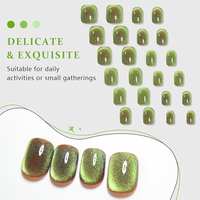 evpct Light Green Cat Eye Extra Short Press on Nails Square, Petite Short Square Glue on Nails for Women Gift, Light Green Metallic Glitter Glossy Reusable Gel Press on Acrylic Fake Nail with Designs
