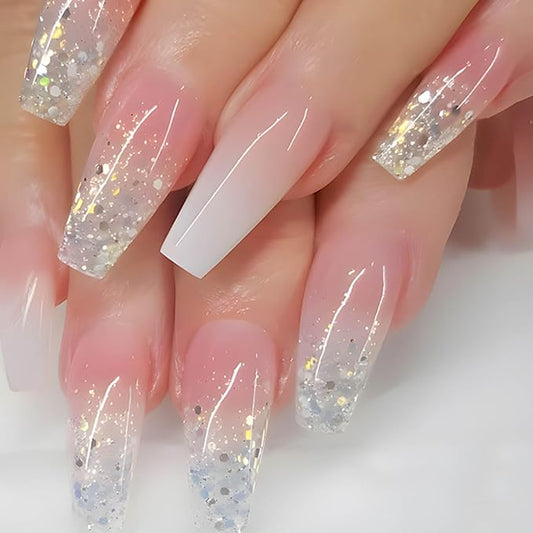 Hkanlre Bling Press on Nails Long Gradient Fake Nails Tips Full Cover False Coffin Nails for Women and Girls 24PCS