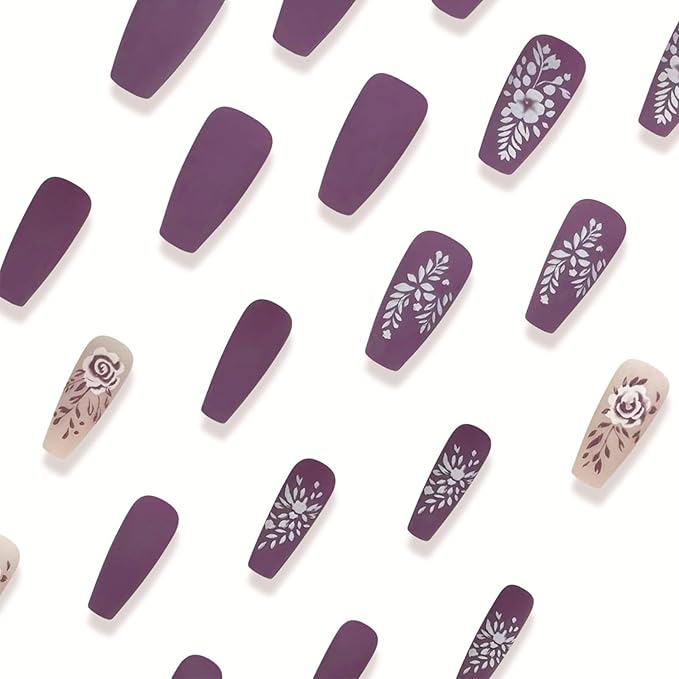 Purple Rose Press on Nails 24Pcs Rose Red Spring Flower Stick on Nails Medium Coffin Acrylic Full Cover False Nails Glossy White Leaves Fake Nails Flowers Gel Glue on Nails for Coquette Women Girls