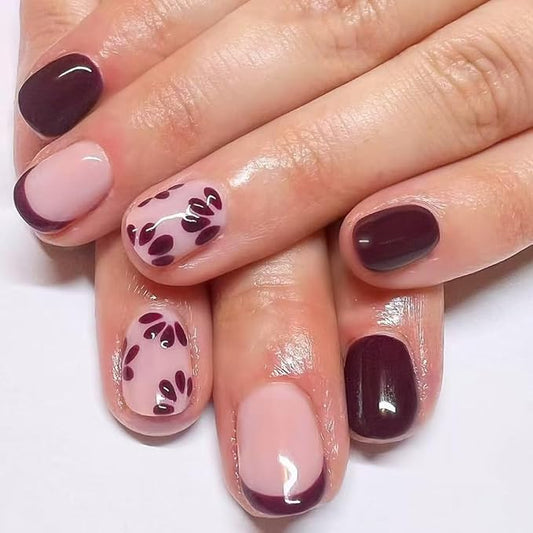 24Pcs Square Press on Nails Short Fake Nails with Brown Red Flower Designs Full Cover Glossy Acrylic False Nails Natural Fit French Tip Glue on Nails Stick on Nails for Women Spring Summer Nail Art